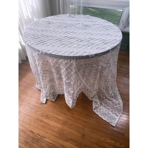 Vintage 70s curtains, white, blue mesh net, geometric pattern, oversized - Picture 3 of 8